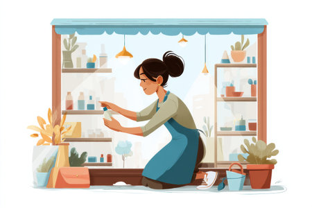 A small business owner is focused on arranging items in her shop window, creating an inviting setup for potential customers while enjoying the natural light.の素材