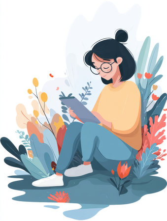 Worker sits comfortably in a lush garden, focused on a tablet while surrounded by vibrant plants and flowers, capturing a peaceful moment of productivity.の素材