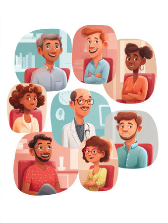 Patients from various backgrounds express their successful kidney transplant journeys in colorful cartoon frames within a welcoming healthcare setting.の素材