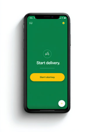 A mobile app interface designed for courier services highlights a start delivery button and information displayed at the upper section of the screen.の素材