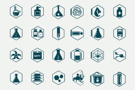 A grid showing various chemical safety categories, including symbols for flammability, health hazards, and protective measures, enhancing safety awareness.の素材
