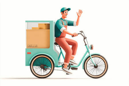 A courier smiles and waves while riding a cargo bike equipped with a large delivery box, showcasing the lively atmosphere of urban deliveries.の素材