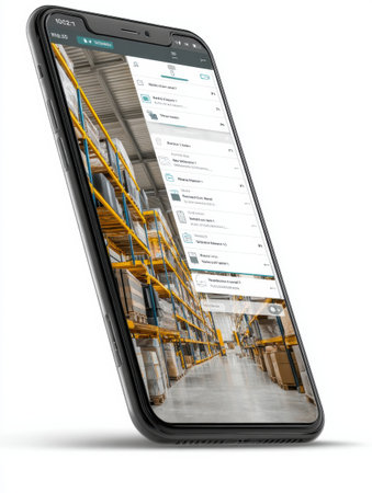 Mobile app interface shows frozen inventory management features on a smartphone, set against a backdrop of warehouse shelves filled with products.の素材