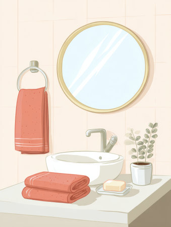 This illustration showcases a tidy bathroom complete with vibrant towels, a soap dish, and a mirror reflecting a soft and inviting environment.の素材