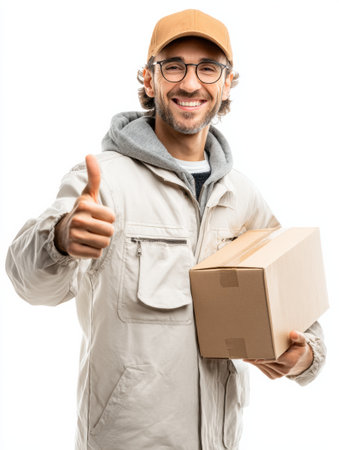 A smiling courier shows a thumbs-up while holding a delivery package in a bright setting, celebrating a successful delivery.の素材