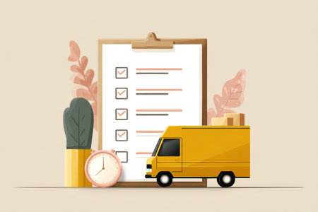 Courier checklist designed in flat style features items, timestamps, and a delivery truck for organizing and managing delivery tasks efficiently.の素材