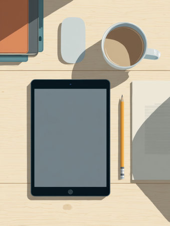 A clean and minimal workspace showcases a tablet, a pencil, a coffee mug, and some stationery items, all arranged neatly on a light-colored surface.の素材