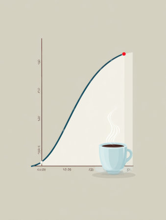 Animated chart displays the caffeine absorption curve, showing how caffeine levels peak in the bloodstream over time following consumption.の素材