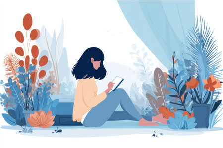 Individual concentrates on a tablet while sitting comfortably in a peaceful garden with lush greenery and colorful flowers during the day.の素材