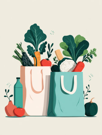 Reusable bags filled with fresh vegetables reflect a commitment to sustainability, promoting eco-friendly habits for a greener future.の素材