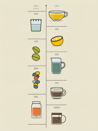 Colorful illustration outlines the caffeine detox process, detailing specific symptoms and timelines experienced after reducing caffeine intake.の素材