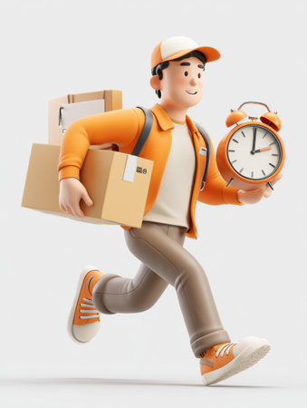 A cheerful delivery character runs with packages and a clock, emphasizing on-time delivery and guaranteed safe service in a bright, animated style.の素材