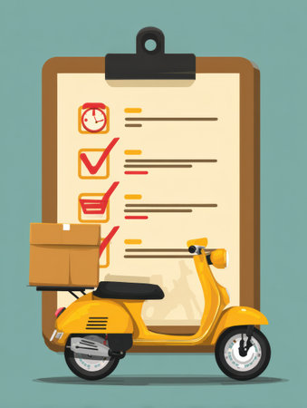Flat design illustrating a courier checklist alongside a scooter, showing delivery items, timestamps, and check marks for efficient trackingの素材