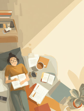 Cozy workspace features a student surrounded by books and a coffee cup, highlighting the effort to stay awake during study time.の素材