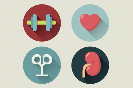 Illustration features health-related icons including a dumbbell, heart, and kidney, representing fitness, lifestyle choices, and overall well-being.の素材