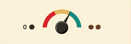A caffeine meter graphic displays levels from zero to overload, complete with color indicators and coffee bean icons, ready for creative uses.の素材
