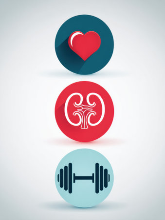 Illustration features three distinct icons including a heart, kidney, and dumbbell arranged vertically in a circular design, emphasizing wellness and fitness.の素材