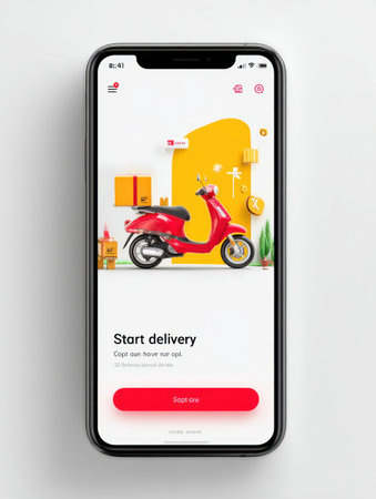 Delivery application interface displays a vibrant layout with a prominent start delivery button and a scooter illustration, enhancing user engagement.の素材