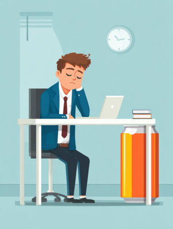 An office worker appears fatigued at a desk, leaning on one hand with a laptop open. An energy drink sits beside him in a well-lit workspace.の素材