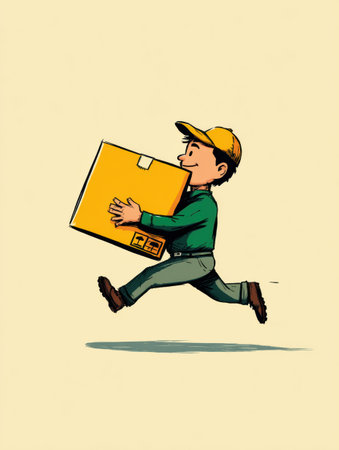 A cartoon courier joyfully runs while carrying a large delivery box, showing enthusiasm and energy in a bright atmosphere.の素材