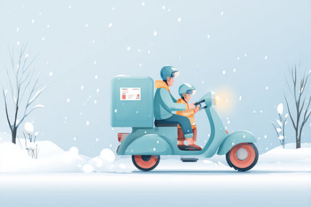 A rider delivers frozen food on a scooter while accompanied by a child in a snowy setting, highlighting a cozy winter activity.の素材