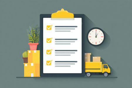 A stylish courier checklist displays tasks and timestamps in a minimal design, complemented by boxes, plants, and a delivery truck for efficient logistics.の素材
