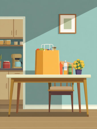 Bright kitchen scene featuring a clean table with an opened delivery bag, flowers, and kitchen items, highlighting a welcoming home cooking atmosphere.の素材