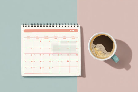 A clean flat design calendar with caffeine-free days highlighted, accompanied by a coffee mug. The right zone of the calendar is faded for emphasis and clarity.の素材