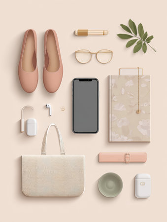 Collection of elegant accessories, including shoes, glasses, and a phone, arranged in a stylish flatlay on a soft, neutral surface.の素材