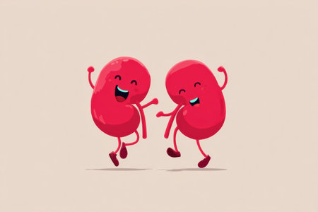 Two animated kidneys are smiling and flexing in a joyful pose, highlighting the importance of kidney health in a cheerful and engaging manner.の素材