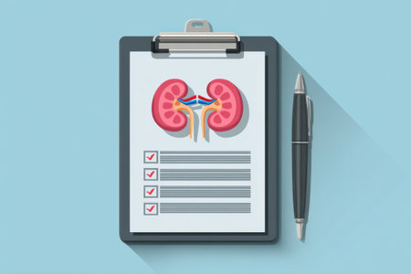 Vector graphic showcases a medical checklist featuring a kidney symbol at the top, designed for health assessments and patient evaluations.の素材