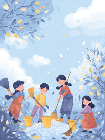 A cheerful spring-cleaning banner shows children engaged in playful cleaning activities under a bright sky with floating leaves, emphasizing safety tips.の素材