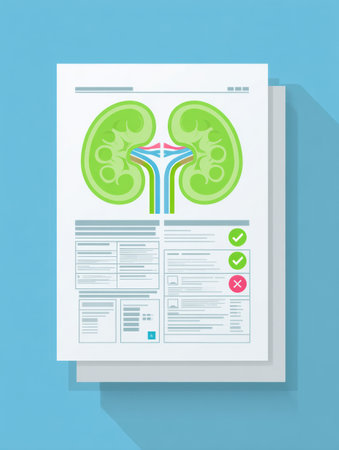 Medical report showcases healthy kidney statistics with green checkmarks indicating positive outcomes, presented in a clean, organized layout.の素材
