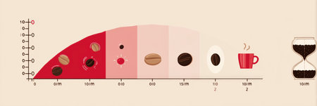 Caffeine half-life chart illustrates the duration caffeine remains active in the body, showing varying levels from intake to elimination stages.の素材