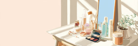 Bright sunlight illuminates a makeup table adorned with skincare products, brushes, and accessories arranged in an inviting layout that enhances beauty rituals.の素材