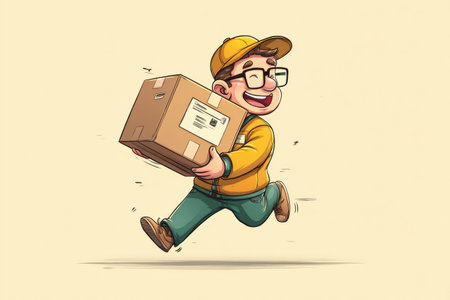 A cheerful courier sprinting playfully while holding an oversized delivery box, conveying energy and enthusiasm in a bright atmosphere.の素材