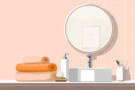 Clean bathroom setup showcases neatly arranged towels, a mirror reflecting the interior, and toiletries on a light-colored countertop in a minimalistic style.の素材