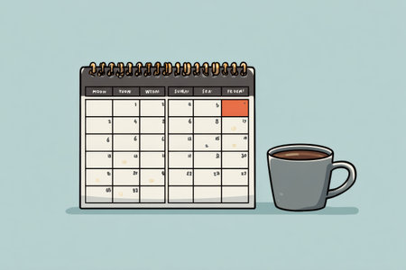 A sleek flat design calendar highlights caffeine-free days in bright colors, with a coffee cup beside it, creating a calming vibe.の素材