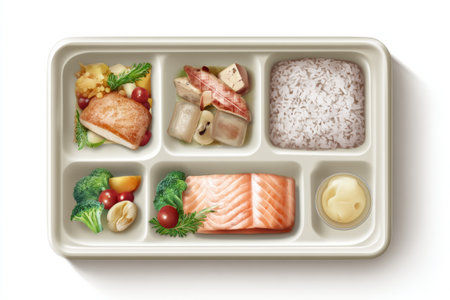 Frozen dinner tray showcases various meal compartments filled with salmon, vegetables, rice, and a side of sauce, designed for quick meal prep and consumption.の素材