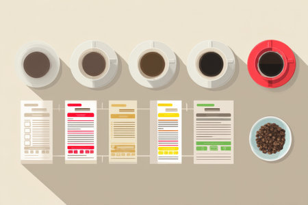 Flat design shows a caffeine label chart with various coffee types, highlighting their unique qualities and caffeine levels.の素材