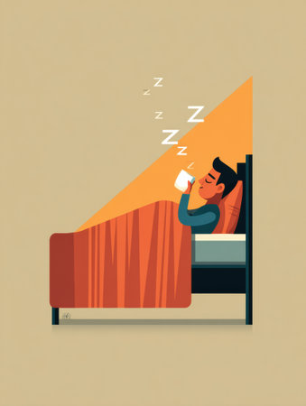 A character peacefully sleeps in bed while dreaming of coffee, highlighting the conflict between rest and the temptation of caffeine during the day.の素材