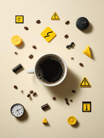 A coffee cup is surrounded by warning signs and clocks, creating a striking display that emphasizes caution and time awareness.の素材
