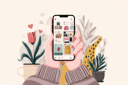 Hands grasp a smartphone showcasing an online shopping application with various colorful products and potted plants in a warm background.の素材