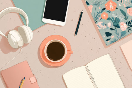Cozy freelancer workspace features a cup of coffee, headphones, a planner, and a tablet, creating an inviting atmosphere for focused work in the morning.の素材