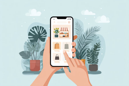 A phone displays an online shopping app with various products, set against a backdrop of vibrant indoor plants for a cozy vibe.の素材