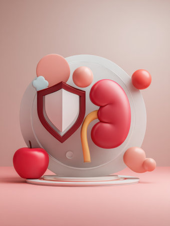 Awareness poster emphasizing kidney health using soft visuals of a kidney, shield, and apples to promote healthy living and wellness.の素材