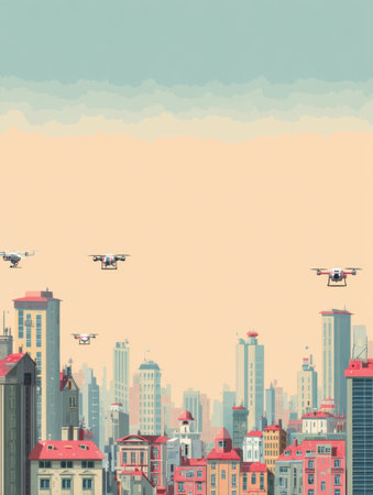 Drones glide over a twilight city, delivering goods above colorful rooftops and skyscrapers, showcasing modern technology in action.の素材