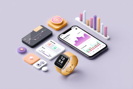 Mobile device and smartwatch feature health tracking applications with colorful charts and graphs for easy monitoring of fitness data in a clean layoutの素材