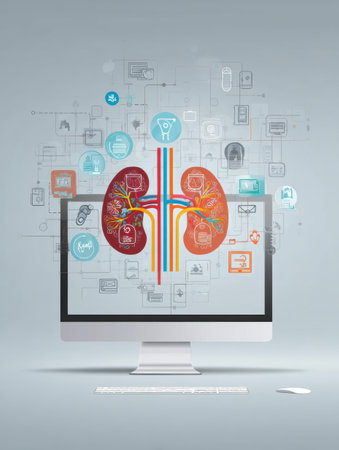Visual representation of kidney health features various health monitoring icons for a medical website, enhancing viewer engagement and awareness.の素材