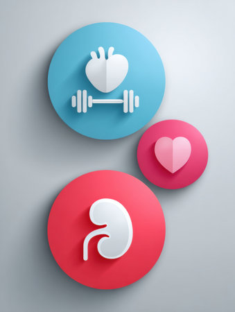 Icons for a healthy lifestyle include a dumbbell, heart, and kidney in a clean infographic for wellness education.の素材